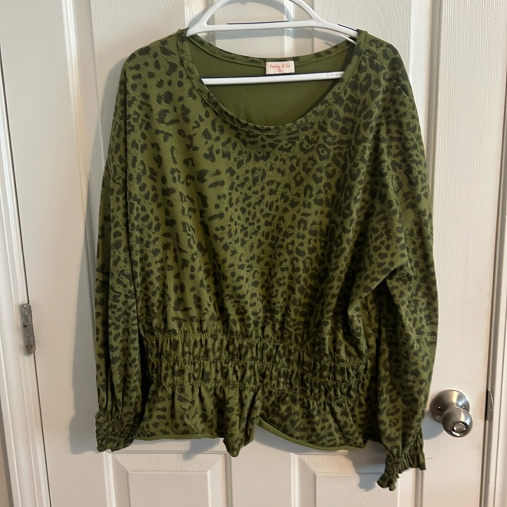Green Leopard Print Blouse 3XL